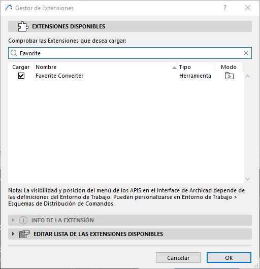Gestor de Extensiones con Favorite Converter cargado