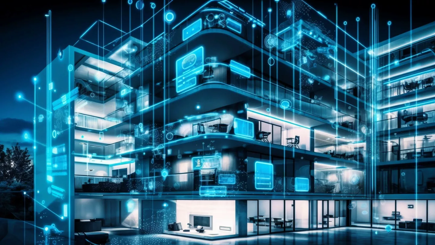 Edificio comercial inteligente visualizado en un entorno de gemelo digital dTwin.