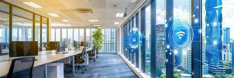 Planta de oficinas inteligente con personas trabajando y espacios conectados a sensores.