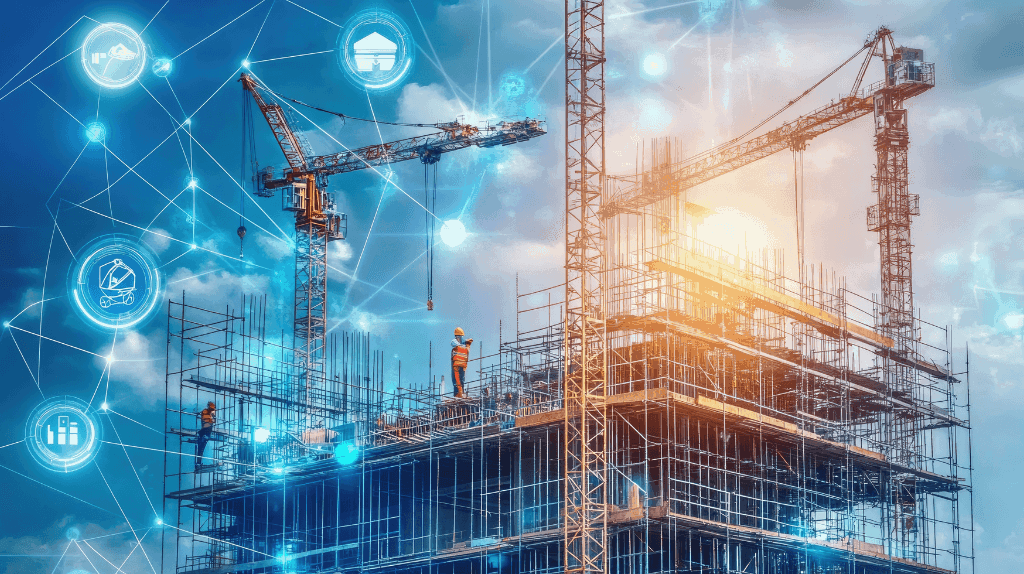 Grúas en una obra de construcción conectadas por una red digital superpuesta.