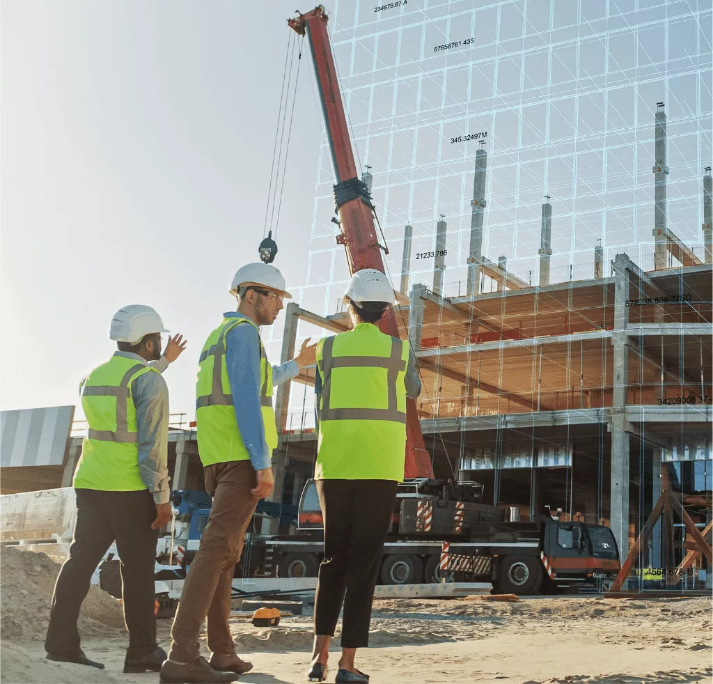 Grúa torre en una obra de construcción con una red BIM superpuesta.