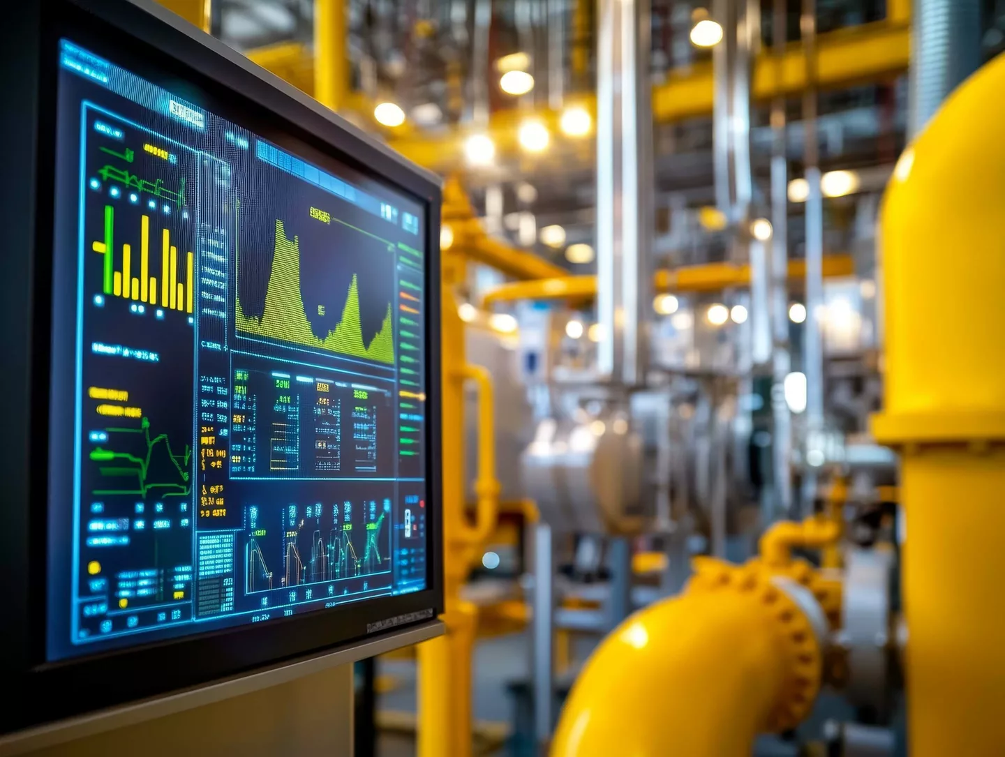 Panel de análisis de una instalación industrial con datos de producción y energía.