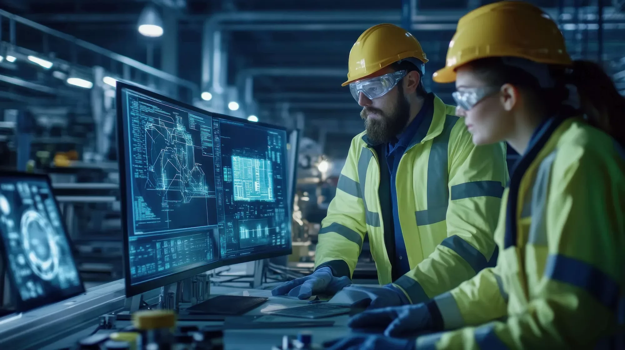 Ingenieros revisando monitores de producción en una planta de fabricación.